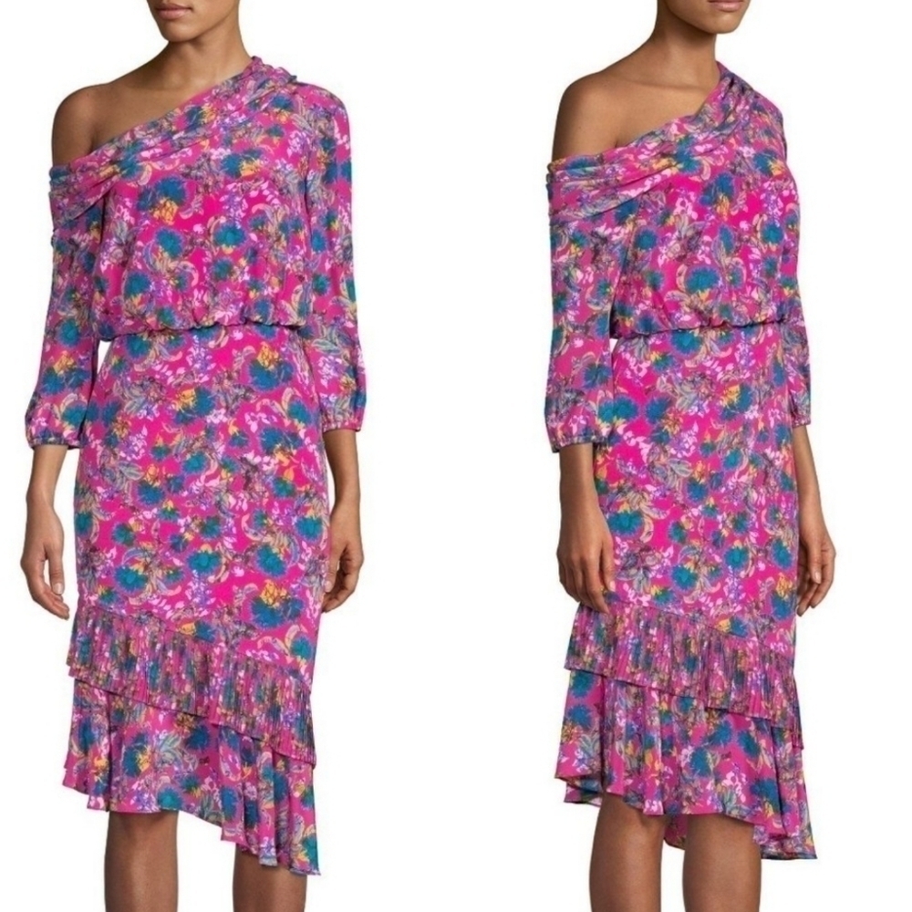 New Saloni Lexie Floral Silk Hot Pink Azalea Cocktail Dress NWT Size 0